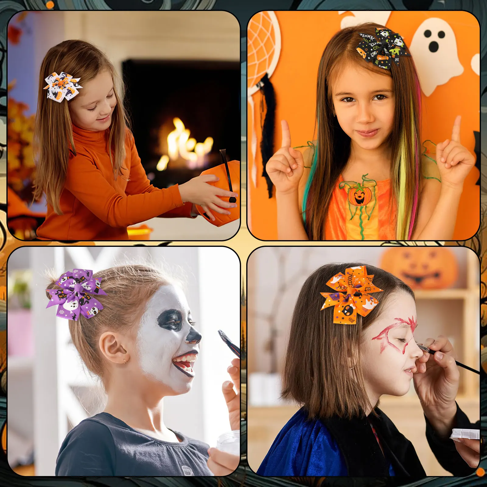 

24pcs Bow Clips Halloween Kids Girls Accessories Pumpkin Skull Spider Ghost Design Suitable Any Hair Styles Color Daily Use