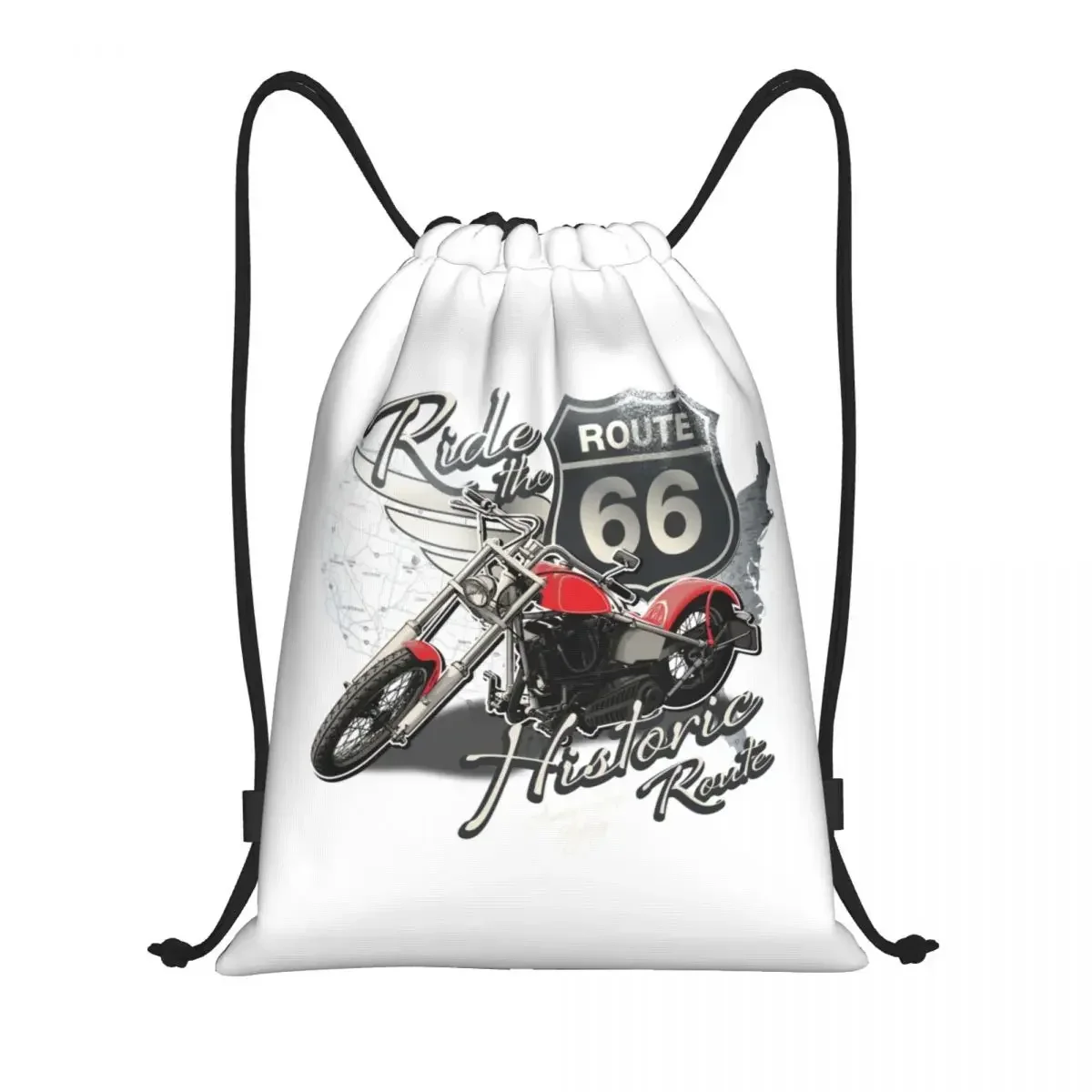 

Route 66 Travel Motorcycle Ride Drawstring Backpack Sports Gym Bag for Women Men American Road Shopping Sackpack