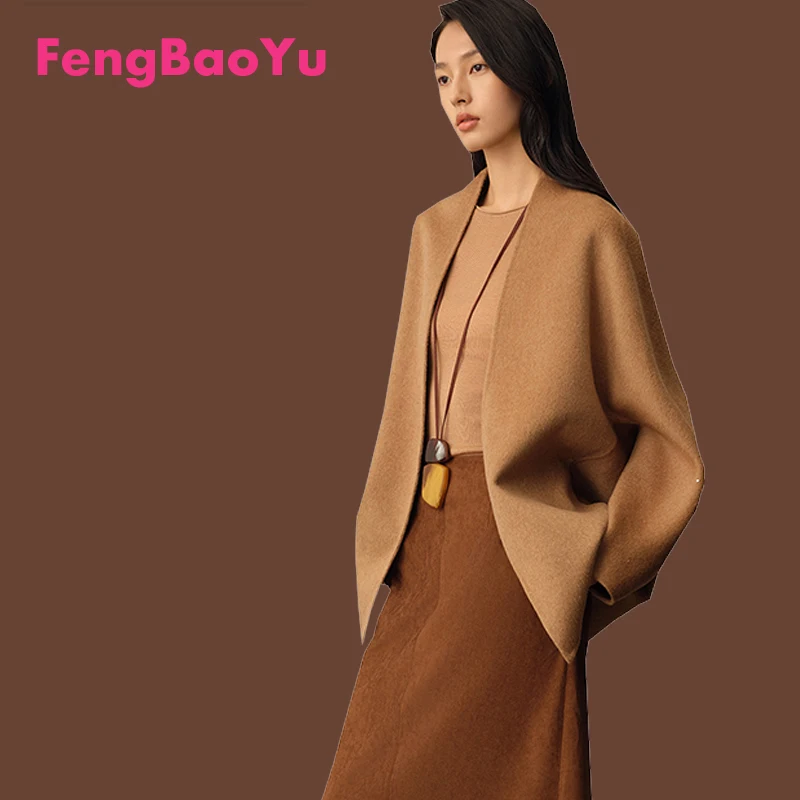 

Luxury Double-sided Pure Camel Wool Women's Coat Black Autumn and winter Cloak Style Youth Fashion Casual Warm Soft Short Coat