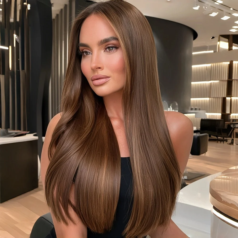 

Бесшовный длинный мягкий прямой парик из натуральных еврейских волос коричневого цвета с шелковой основой 5x5, с HD-кружевом, с эффектом baby hair, европейские волосы, предварительно выщипанные