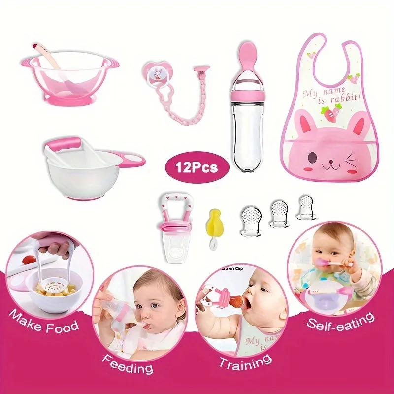 Baby Food Mill Set, 12 Piece Baby Feeding and Self-Feeding Set for 0-3 Years - Nipple Clips, Bottle Feeder and Waterproof Bibs