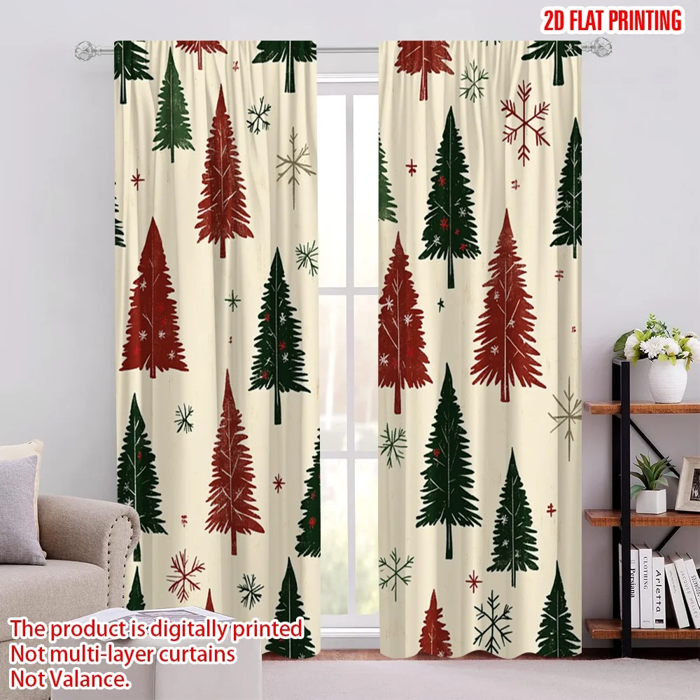 2pcs,2D plane printing Curtain Popular Christmas Trees Snowflakes Holiday (3) Durable 100% Polyester Fabric (without rod)