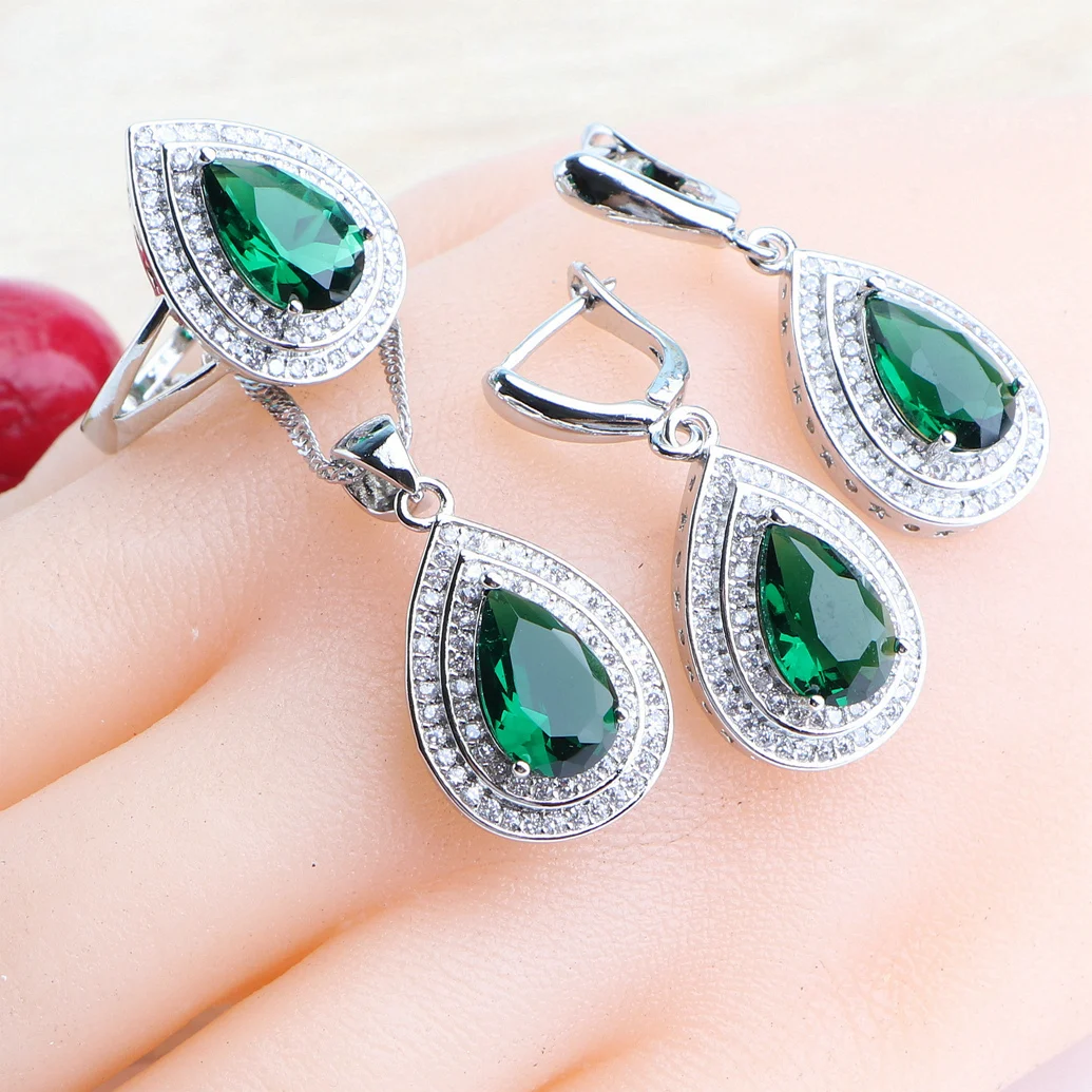 Drop Green Zircon Jewelry Sets For Women Bridal 925 Silver Earrings Stones Bracelets Rings Pendant Wedding Necklace Set