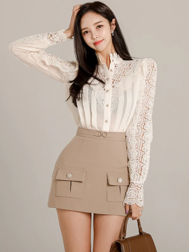 Spring Autumn 2 Piece Outfit Elegant Women Casual Lace See Through Tops Shirt Blouse Femme High Waist Mini Skirt Mujer Slim Sets