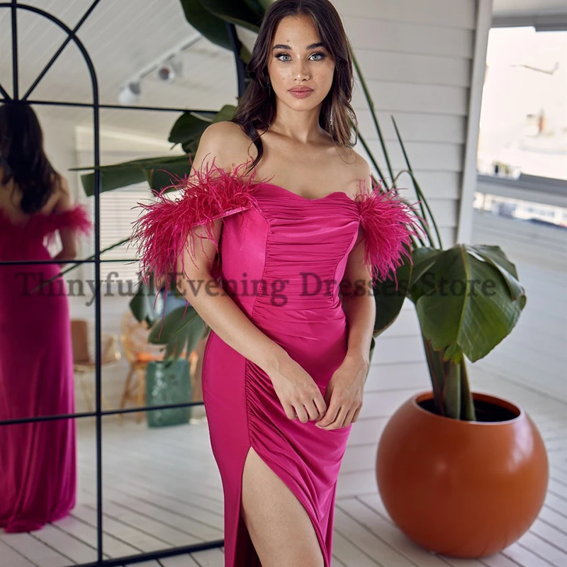 Thinyfull Gaun Malam Prom Putri Duyung Formal 2023 Gaun Pesta Tanpa Bahu Gaun Koktail Malam Split Tinggi Bulu Ukuran Plus