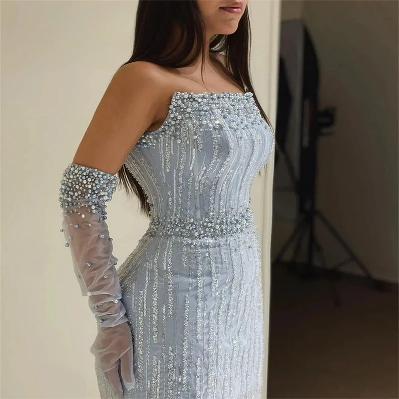 Robe de Soirée de Forme Sirène pour Femme, Tenue Luxueuse et Élégante, Sans Bretelles, Bleu Clair, Style Arabe, Dubaï