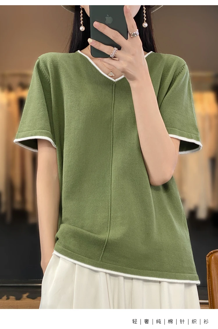 100% Cotton T-Shirt Women's V-Neck Pullover Short Sleeve Summer New Casual Knitting Loose Top Fashion Color Contrast T-Shirt