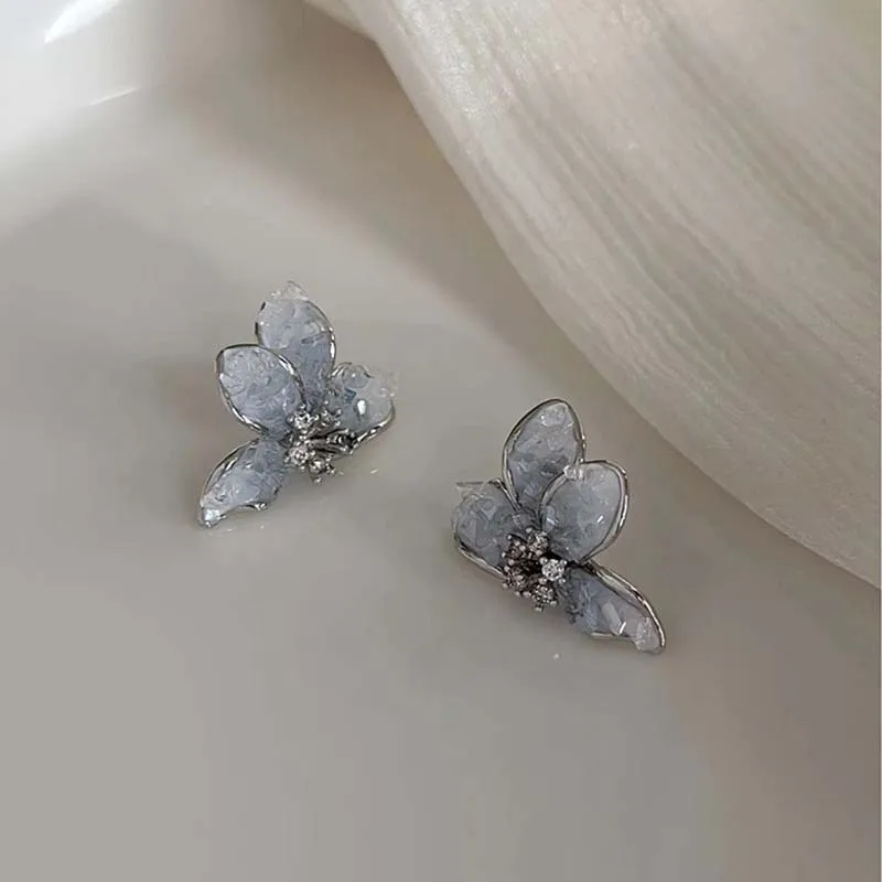 Zircon Butterfly Stud Earrings for Women Blue Crystal Flower Earring Exquisite Korean Ear Jewelry Fashion Wedding Accessories