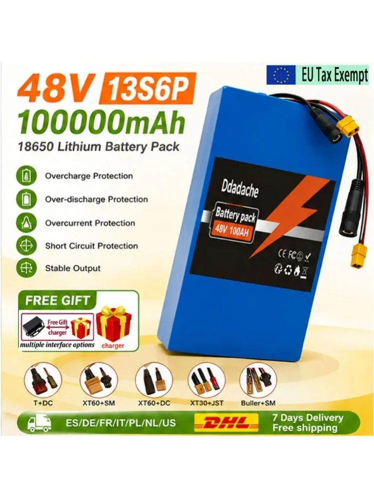 Brandneuer 13S6P 48V 100Ah 2000W 18650 Li-Ionen-Akku, geeignet für 54,6V-Fahrräder + optionaler integrierter BMS-Stecker