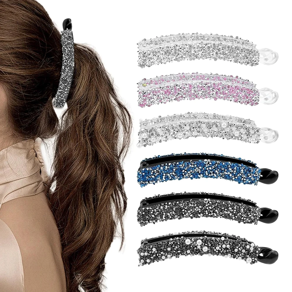 

Luxury Rhinestones Banana Hair Clip Strong Ponytail Holder Twist Hairgrip Barrettes Women Girls Elegant Hair Buckle Daily Use