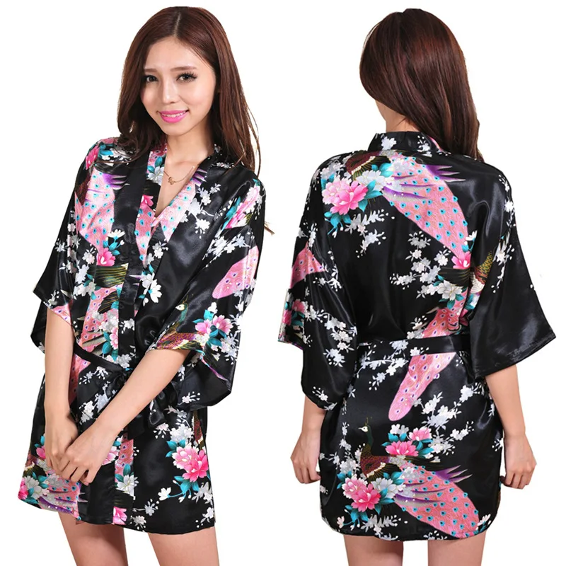 Women's summer nightgown color Tin silk and dress style loose cardigan printed peacock peony short daily morning gown