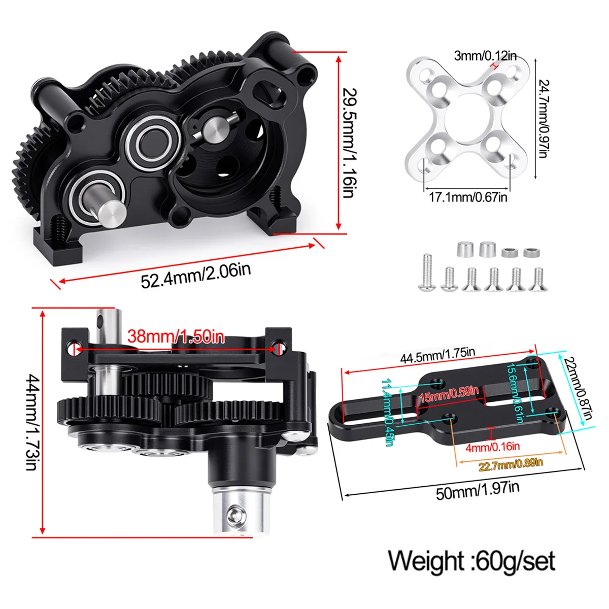 Ultralight Aluminum OD-4 Transmission 48Pitch Gearbox for 1/10 LCG Chassis Comp Builds Rigs Capra Stock Axle Upgrades