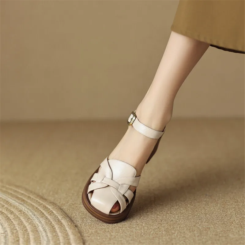 2023 New Summer Sandals Cow Leather Luxury Roman Sandals Casual Buckle Strap Summer Shoes GLADIATOR Thick Heel Women High Heels