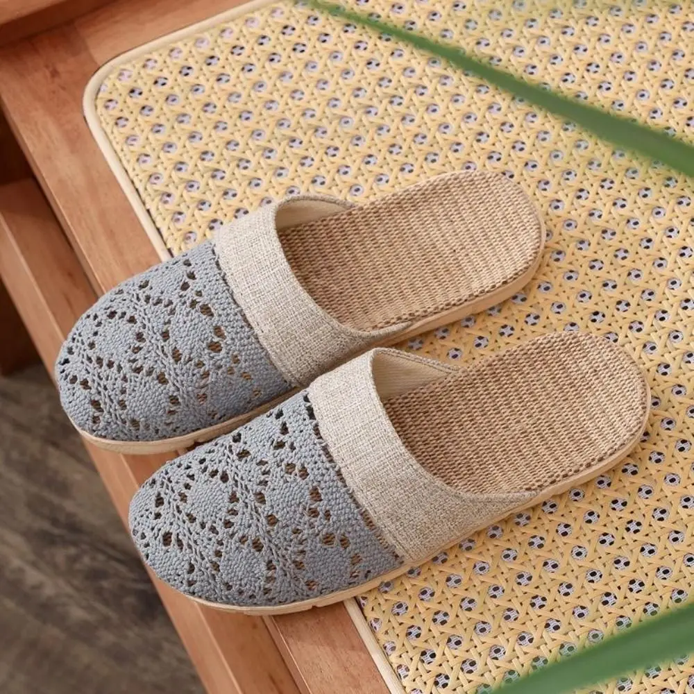 

Casual Hollow Out Flax Slippers Women Flowers Non-Slip Closed Toe Linen Slippers Shoes Soft Sole Flat Slippers Women