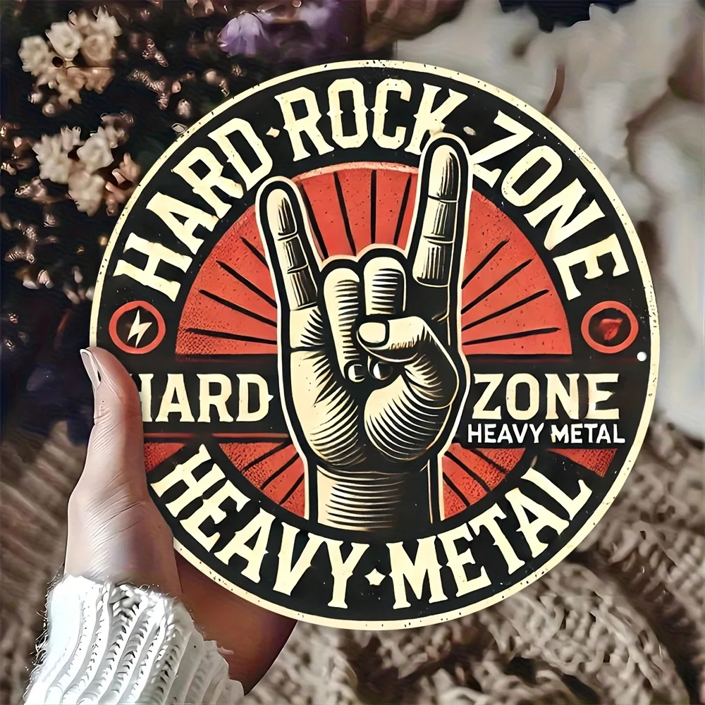 Vintage Rock Hand Gesture Metal Sign, Round Retro Wall Decor for Music Room, Bar & Man Cave, Heavy Metal Inspired Plaque.