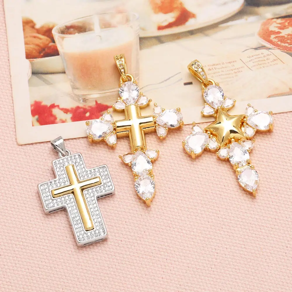 OCESRIO White Crystal Waterdrop Big Cross Pendant for Necklace Copper Gold Plated Crucifix Jewelry Making Supplies pdta433