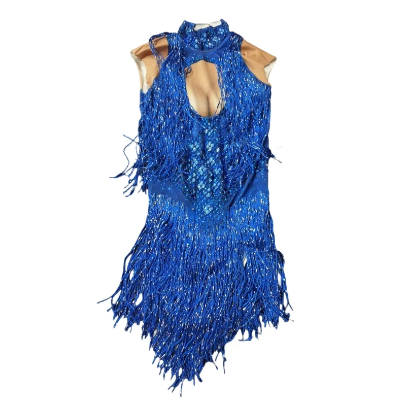 

Adult Latin Dance Tassel Bodysuit Shiny Rhinestones Fringe Sleeveless Tight Leotard Nightclub Women DJ Pole Dancing Costume