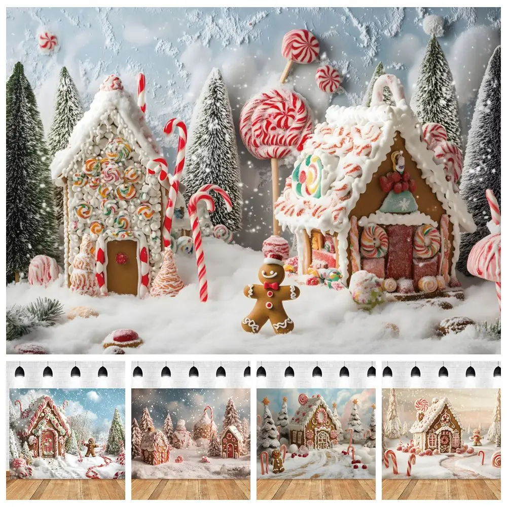 

White Snow Pine Forest Gingerbread House Backdrop Candy Cane Lollipop Cookie Man Kids Portrait Photography Background Decor Prop