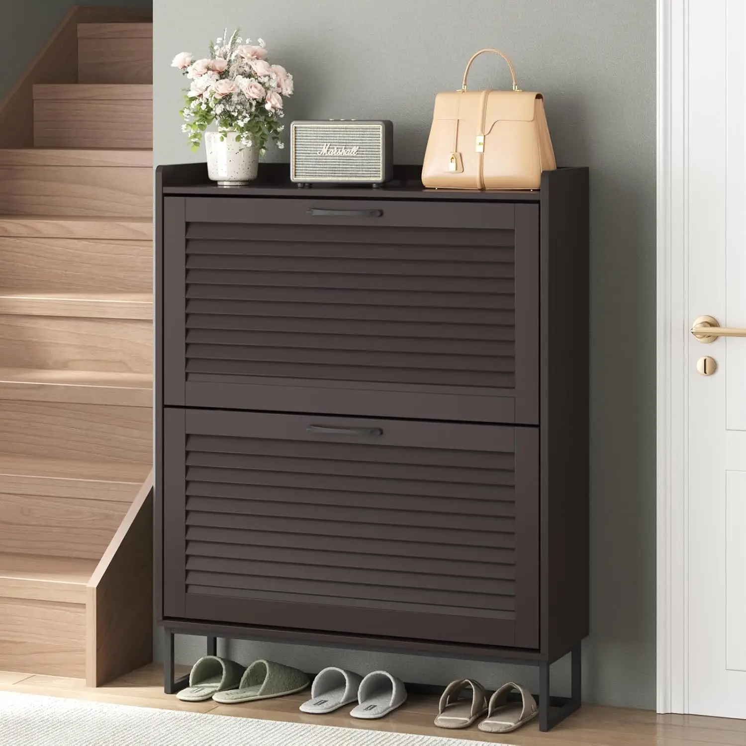 Shoe Storage Cabinet with 2 Flip Louvered Doors, Freestanding Organizer with Metal Legs, Shoe Cabinet for Entryway,