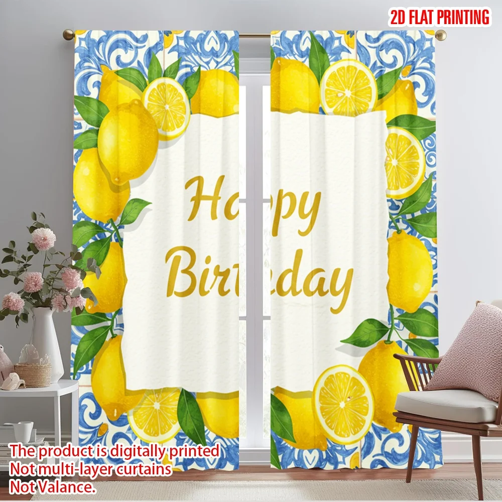 

2pcs 2D flat printing Window Treatment Curtains Happy Birthday Lemon Citrus Polyester Without Electricity Party Decorations
