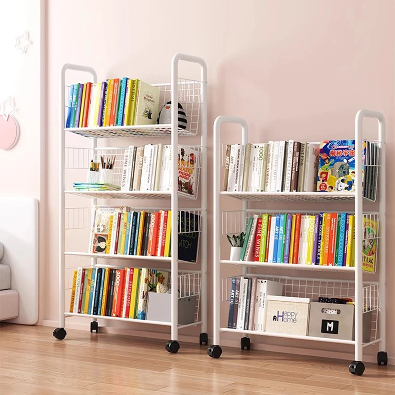 

Metal White Mobile Book Shelf Organzier Creative Portable Industrial Display Cabinet Mobile Librero Giratorio Modular Furniture