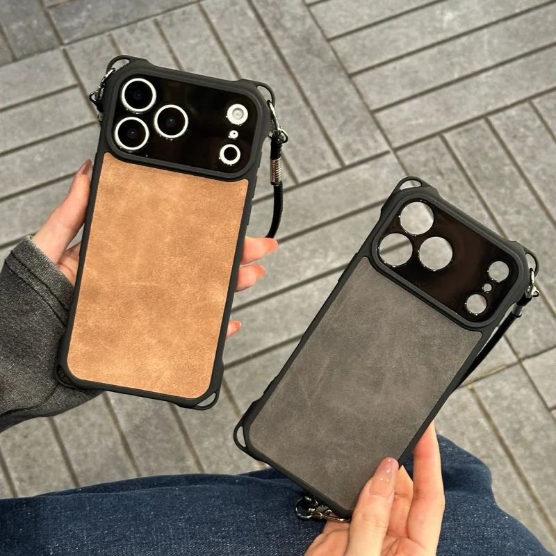 

Four-corner leather-stitched short leather strap suitable foriphone13proCreative phone case ideas16plusNew niche phone case17pro