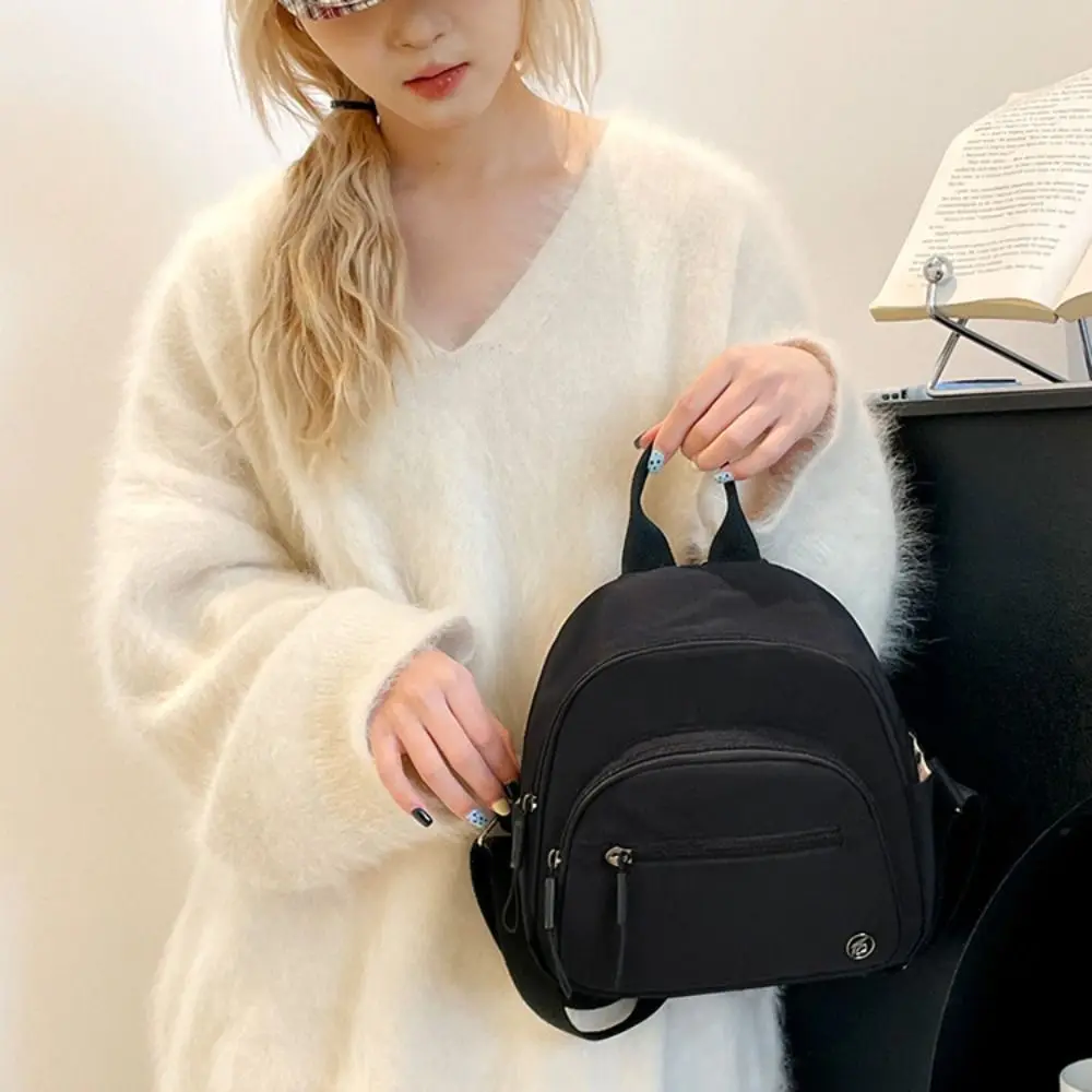 

Portable Women Nylon Backpack Lightweight Solid Color Multipockets Casual Backpack Waterproof with Handle