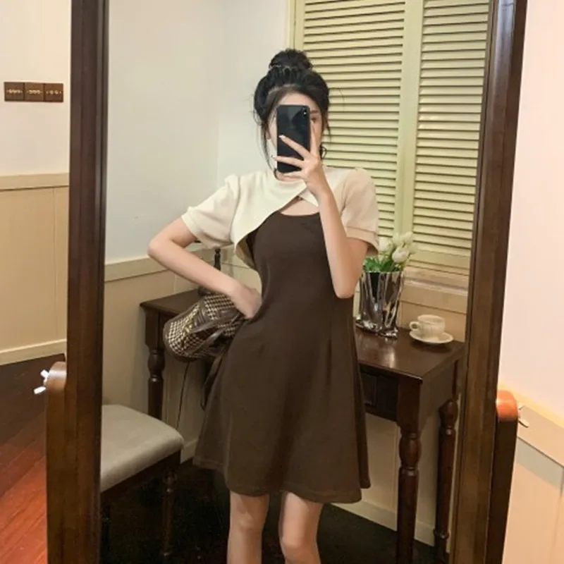 Women Dresses Holiday Solid Simple Summer Versatile Schoolgirls Elegant Korean Style New Arrival Two Pieces Trendy Hipster Cozy