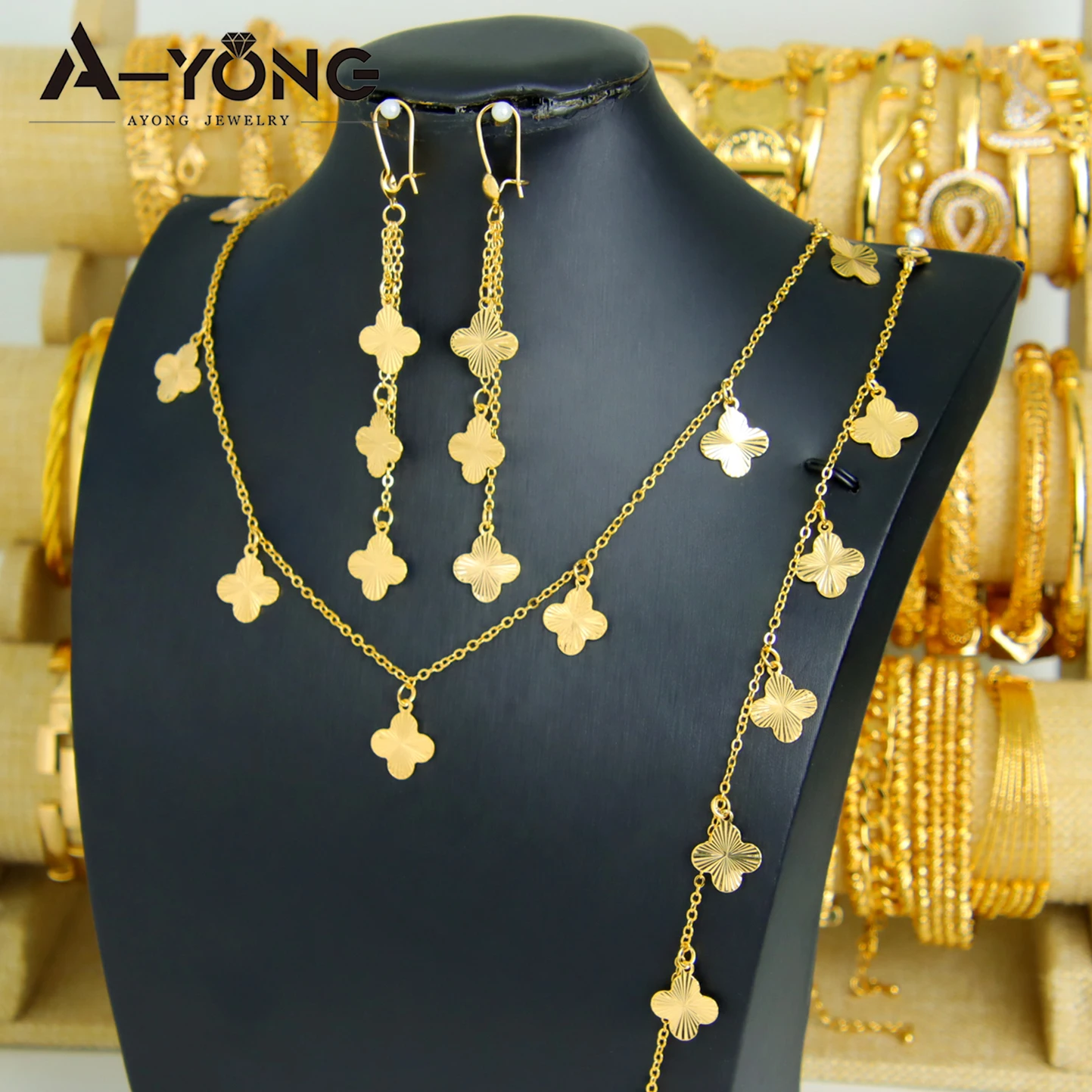 Italian Elegant Gold Color Bead Flower Necklace Set 21k Gold Plated Dubai French Women Bridal Cocktail Party Jewelry Gifts