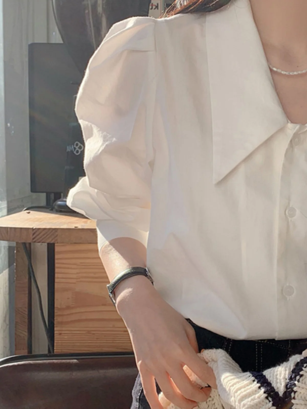 

White arp Collar Bubble Long Sve Women's irt Spring Autumn Korean Sle Loose Fit Button up Pure Color Faion Top