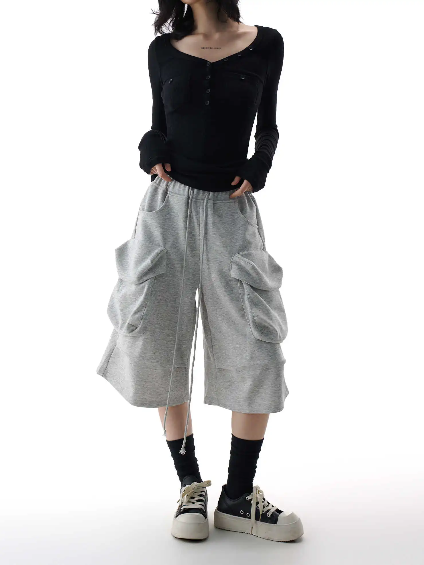 2026 Summer Women American Retro Cargo Jorts Calf-Length Pants Shorts Drawstring Design Y2K 2000s Japanese Harajuku Wide Fit