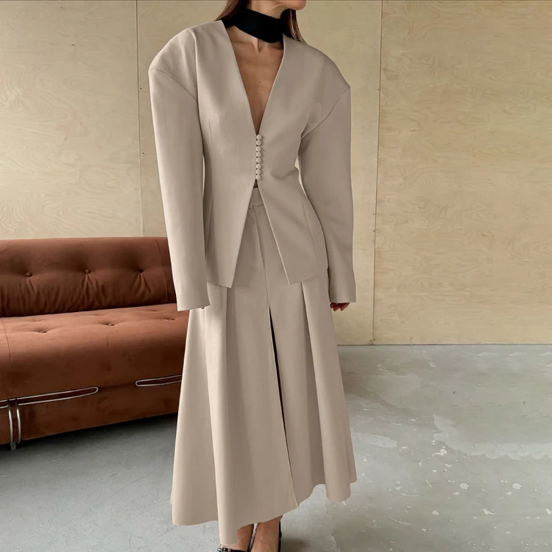 

Сексуальные однотонные наряды с глубоким v-образным вырезом, модные уличные блейзеры с длинными рукавами и полуюбки, элегантные женские плиссированные юбки, костюмы