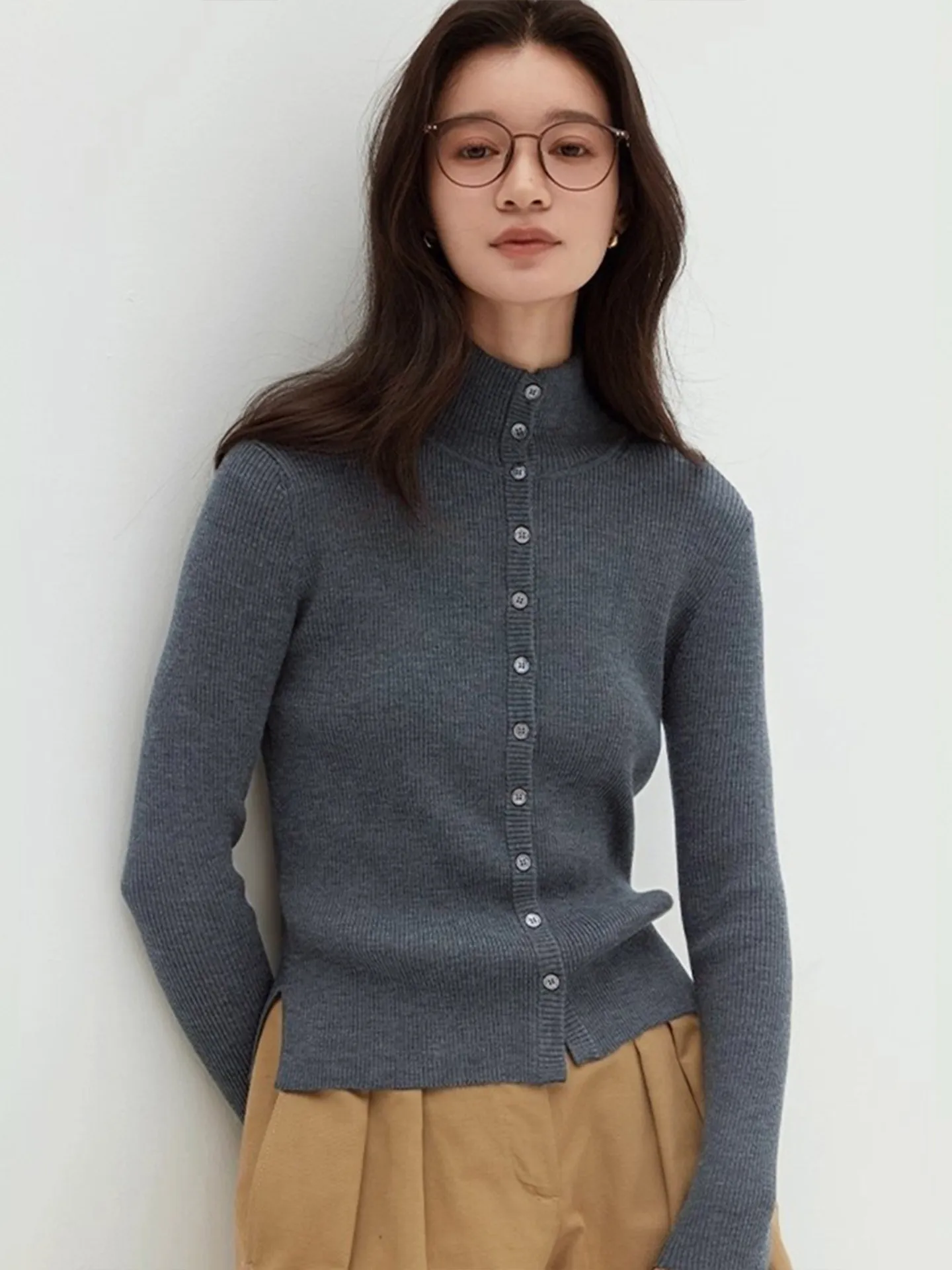 Super slimming shaping BY worsted wool 16-needle stand-up collar full button high-elasticity thickened cardigan top for women