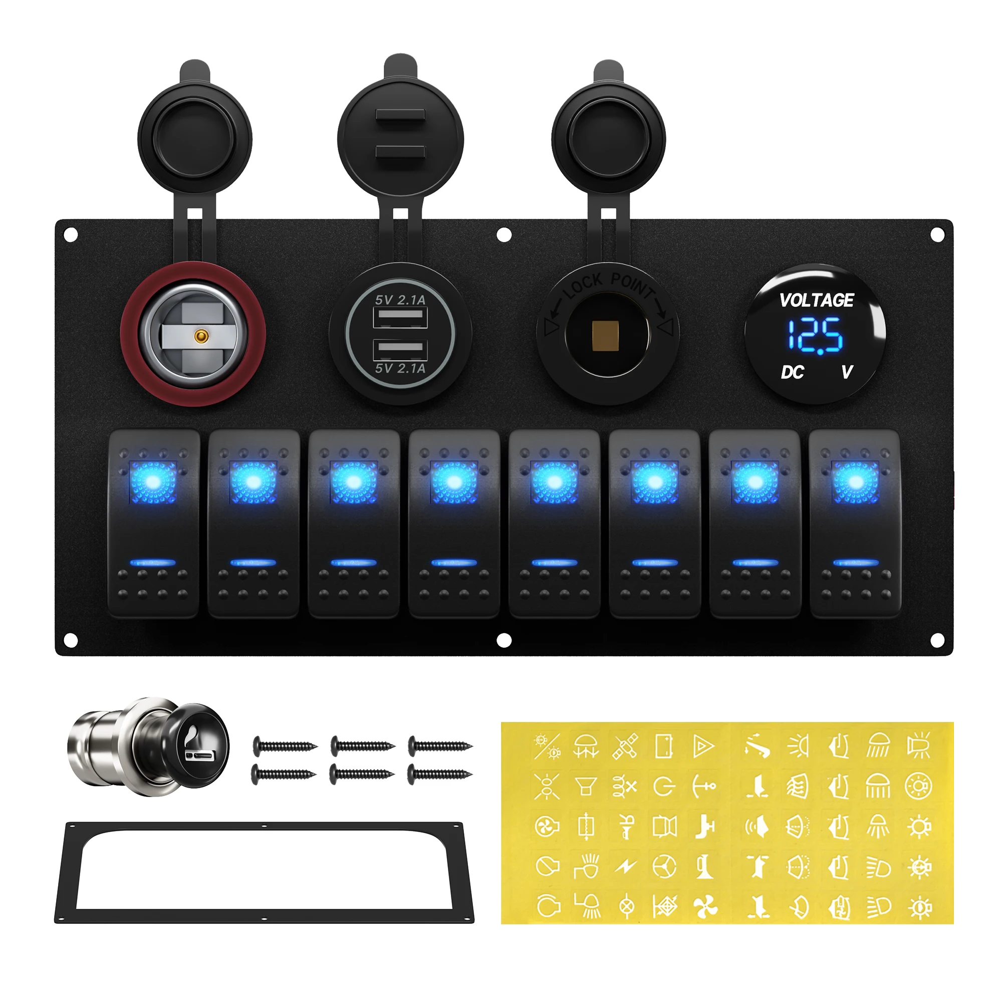 DaierTek Marine Boat Switch Panel Waterproof 8 Gang 12V Rocker Switch Panel Toggle Switch Panel Blue LED Lighted for Automotive