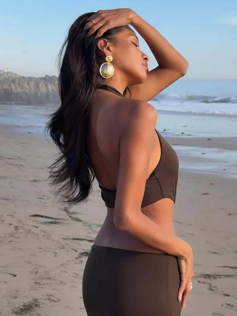 DGLUKE Halter Backless Sexy Woman Dress Deep V-Neck Cut Out Maxi Dress Summer Long Beach Party Dresses