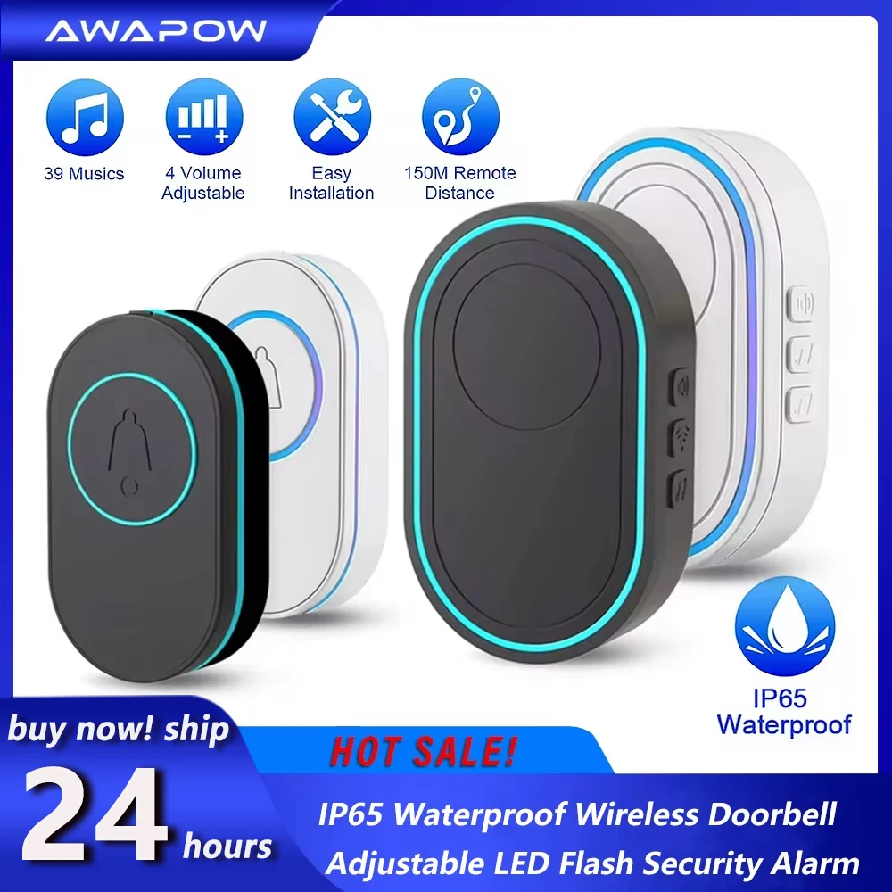 Awapow Intelligent Wireless Doorbell Smart Outdoor Door Bell IP65 Waterproof 39 Ringtone 4 Volume Adjustable Home Security Alarm