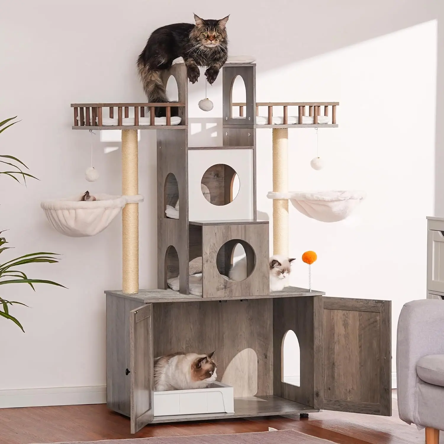 

Cat Tree with Litter Box Enclosure for Indoor Big Cat, Cat Tower for Large CatsHeavy Duty, Modern Cat Condo Furniture