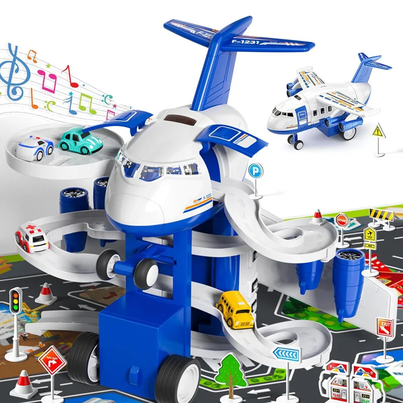 

Children's 2-in-1 Transforming Aircraft Track Toy Car with Storage Garage Parking Game Set Includes 14 Road Signs 4 City Engines