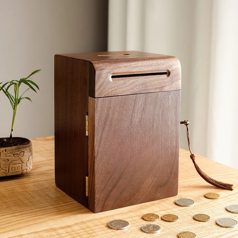 Adult and Children's Solid Wood Cash Boxes, Walnut Handmade Lockable Savings Boxes, Wooden Safety Coin Cans, Home Decor