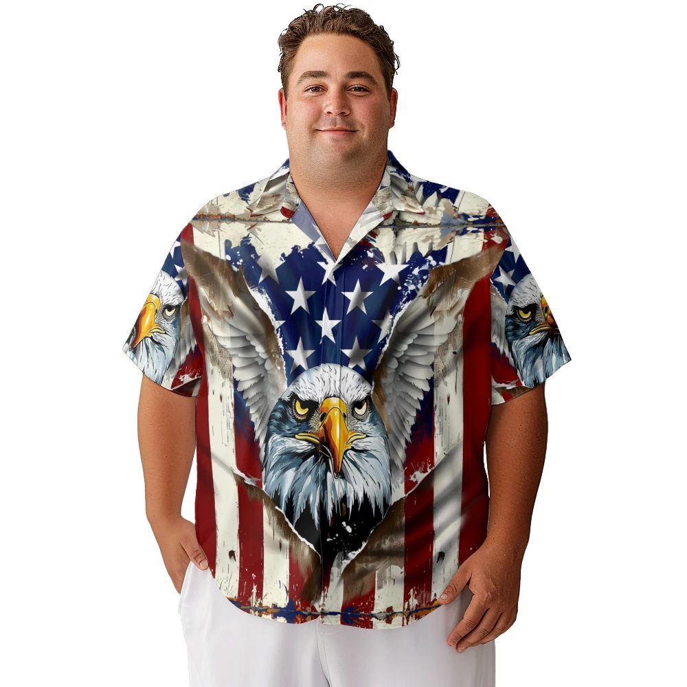 

2024 new Hawaii Men's shirts plus size American flag flying bald eagle printed clothing casual short-sleeved