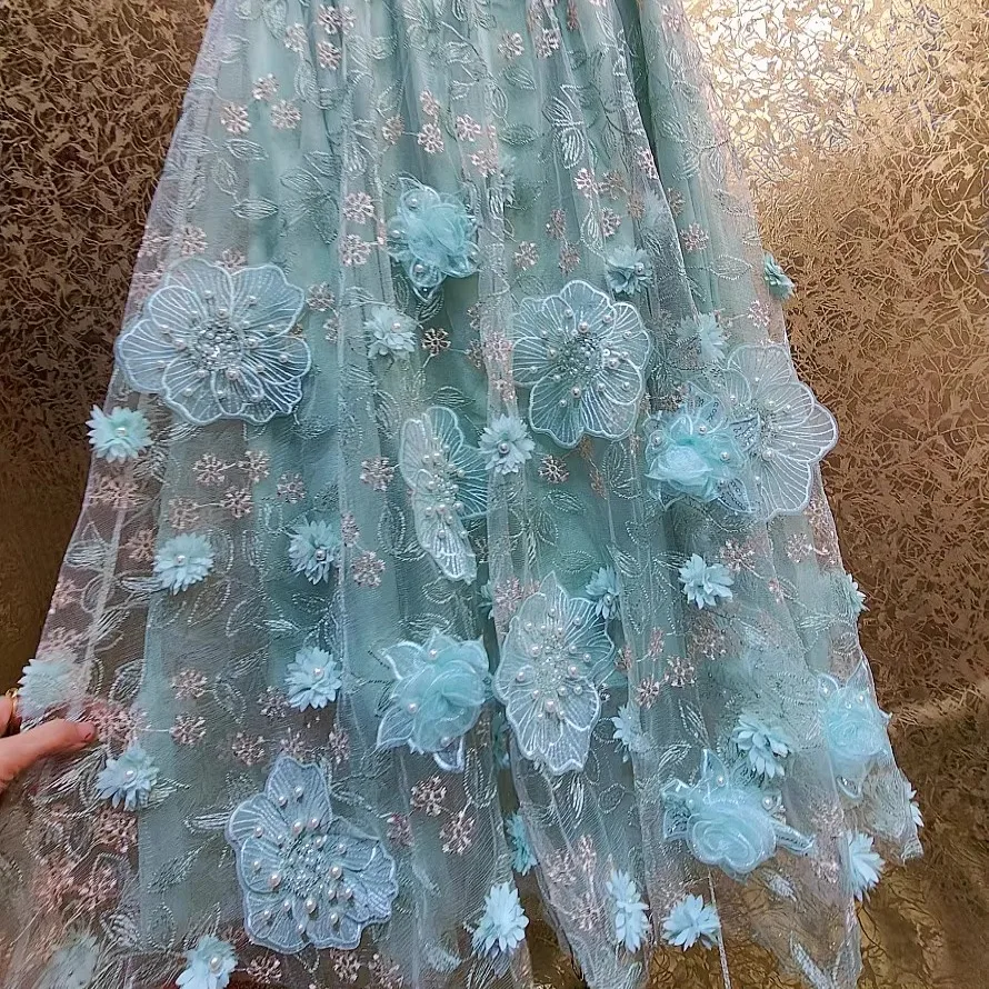 Fairy 3D Flowers Embroidery Floral Petals Lace Splice A-Line Skirt Gauze Pleated Pearls Beaded Silk Skirt Elastic Net Yarn Dress