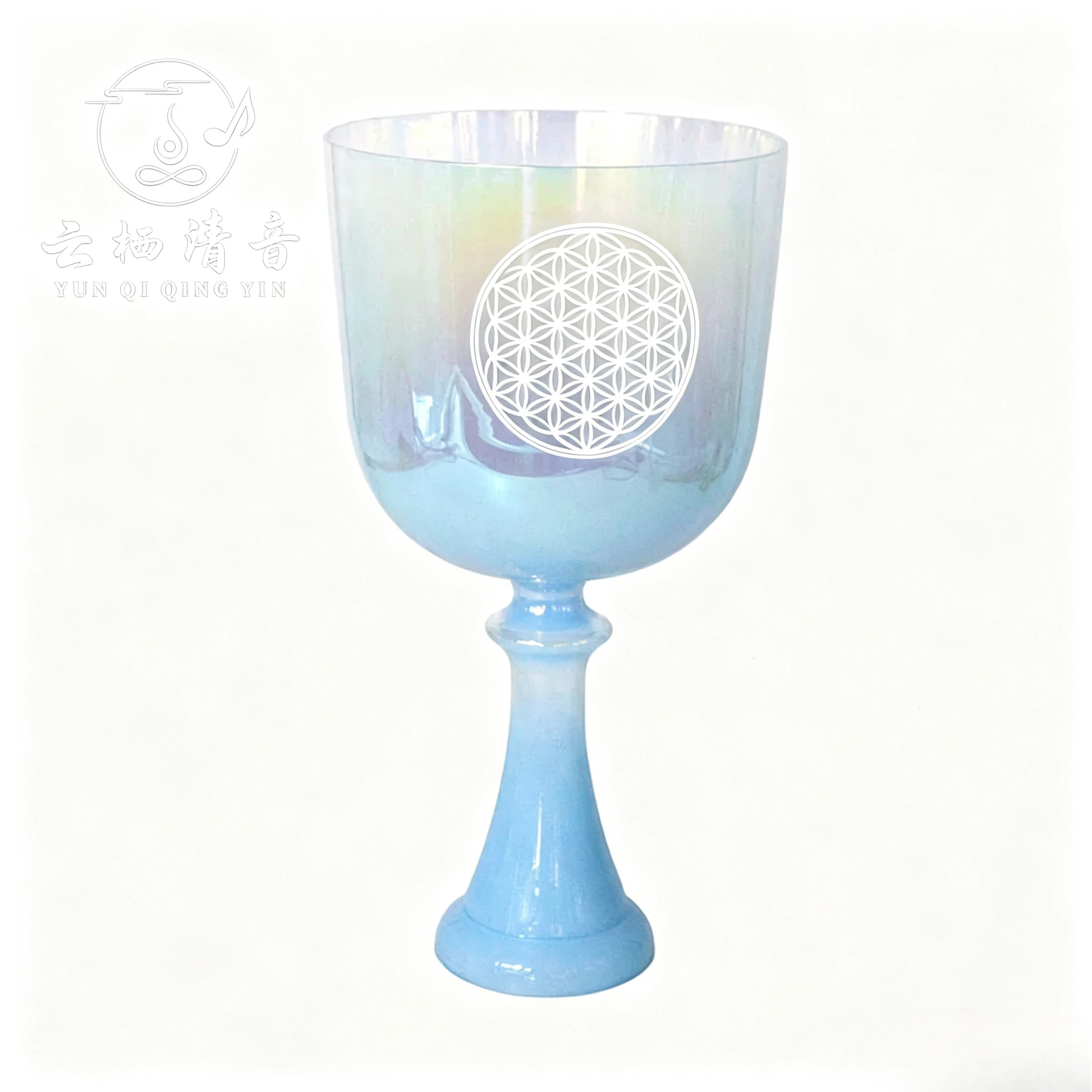 YUN QI QING YIN Blue Gradient Handheld Crystal Chalice Bowl Resonant Crystal Singing Vibration Instrument For Relaxation Mindfulness Spiritual Energy Healing