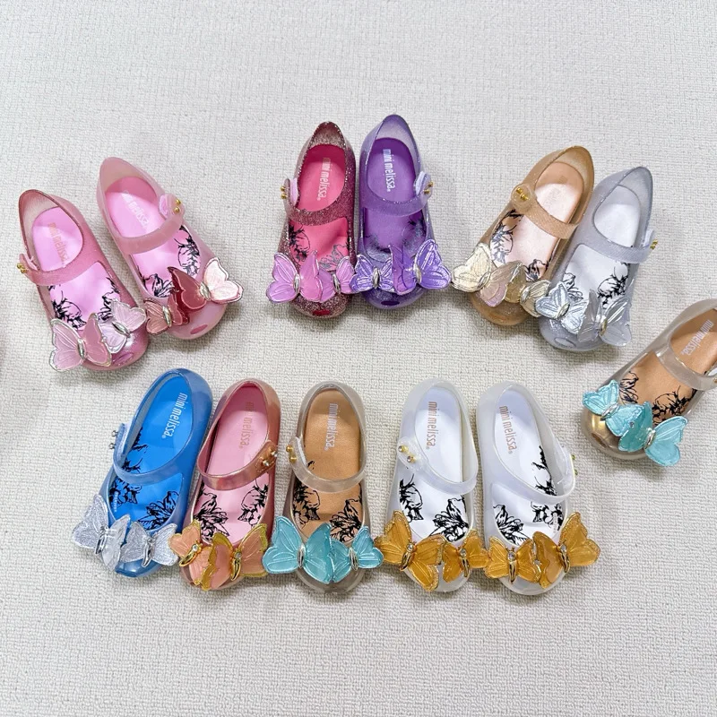 

Children's Fashion Shoes Pink Metal Sequins Three-dimensional Butterfly Rhinestone Jelly Girls' Beach Sandals Trendy Shoes