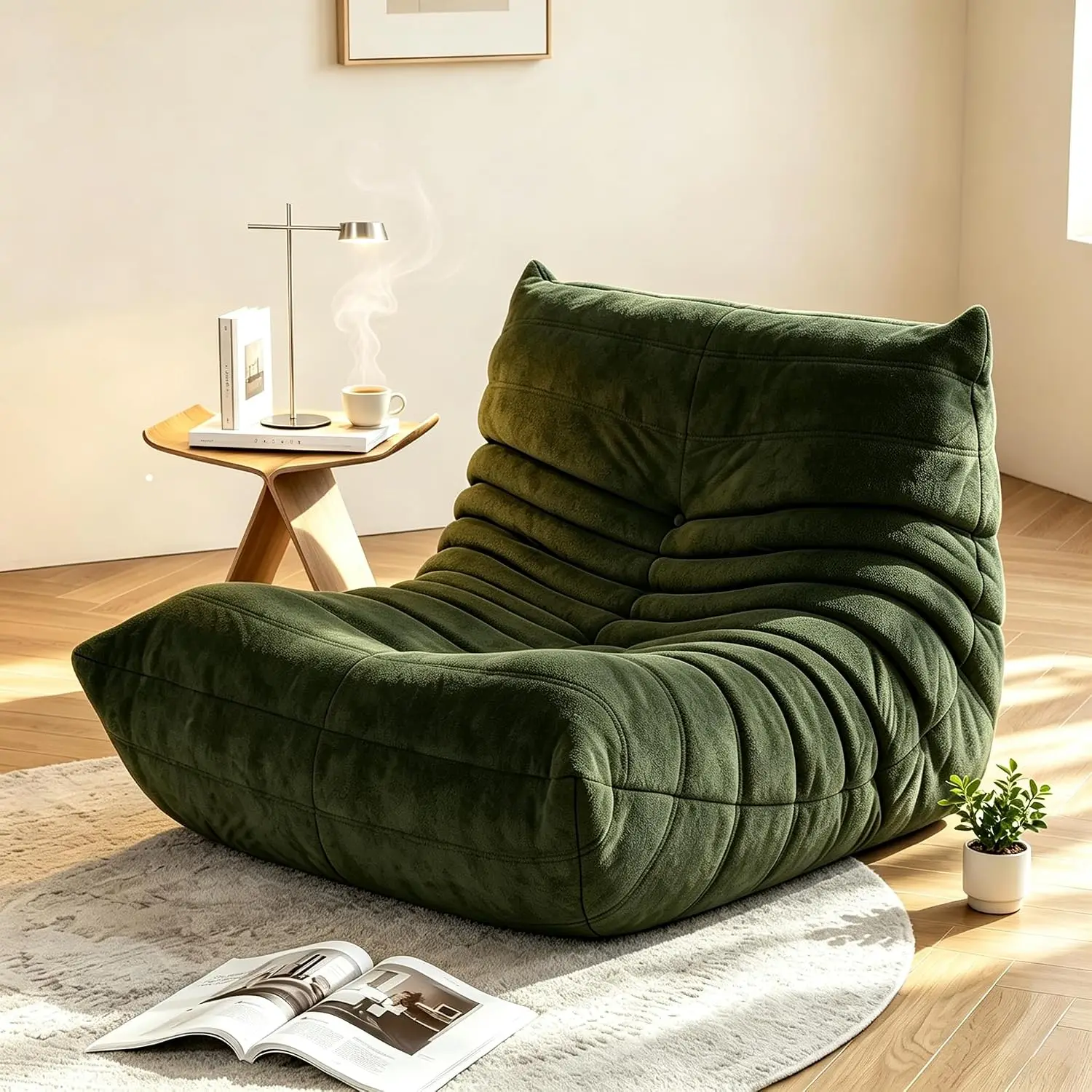 Ergonomic Bean Bag Chair, Memory Foam Floor Lounger Sofa, Living Room Bedroom Recliner, High Density Foam Non Slip Teddy Velvet Single Couch, Modern Cozy Style, Green, 1 Piece
