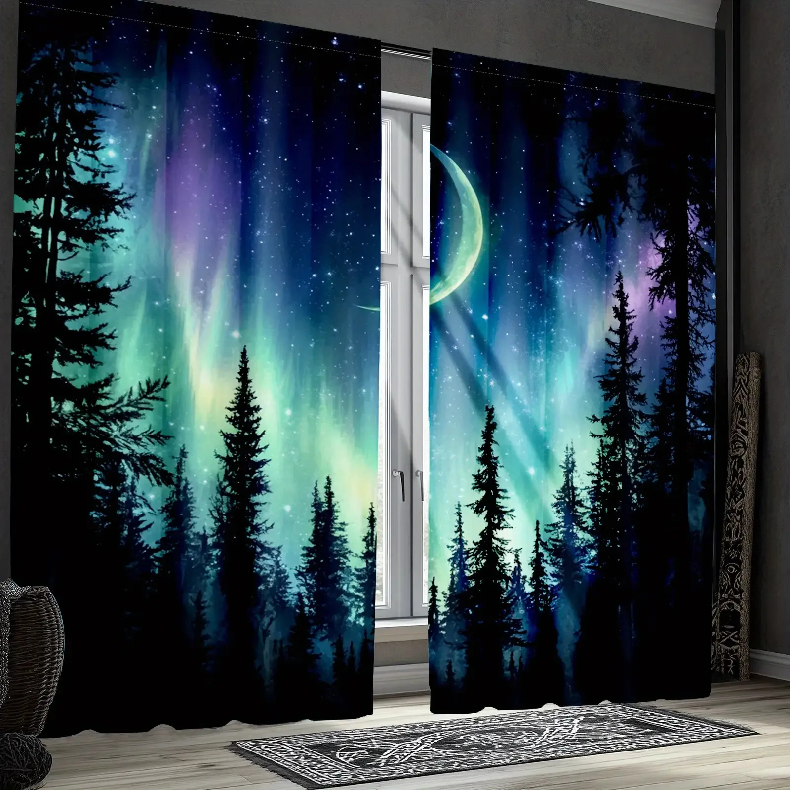 2pcs Aurora and Moonlight Galaxy Pattern Sheer Curtains – Made of Polyester, Ideal for Bedroom and Living Room Decor