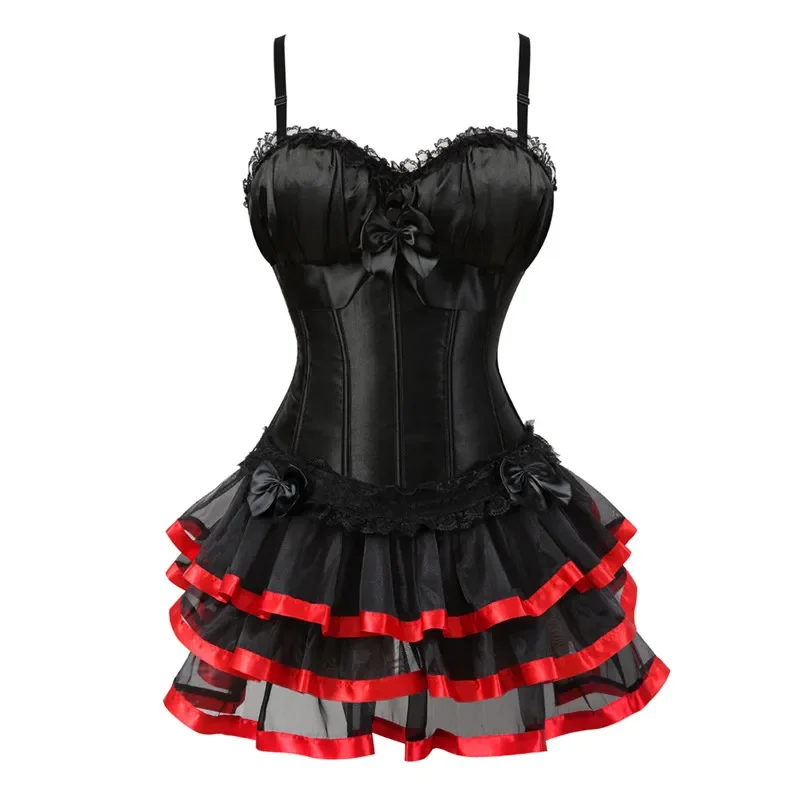 Sexy Strap Corsets Dress Lace Up Bustiers Lingerie Women Plus Size Costume Overbust Burlesque Corset and Skirt Set Tutu Corselet