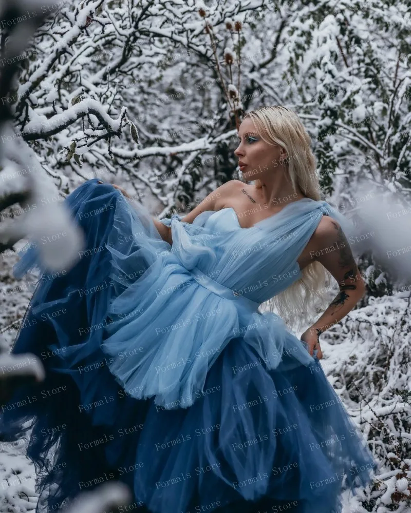 อย่างเป็นทางการ V คอ Layered พรหมชุด Gradient Blue ชุดราตรี Pretty เปิดกลับ A-Line เสื้อผ้าผู้หญิง PLUS ขนาดชุด