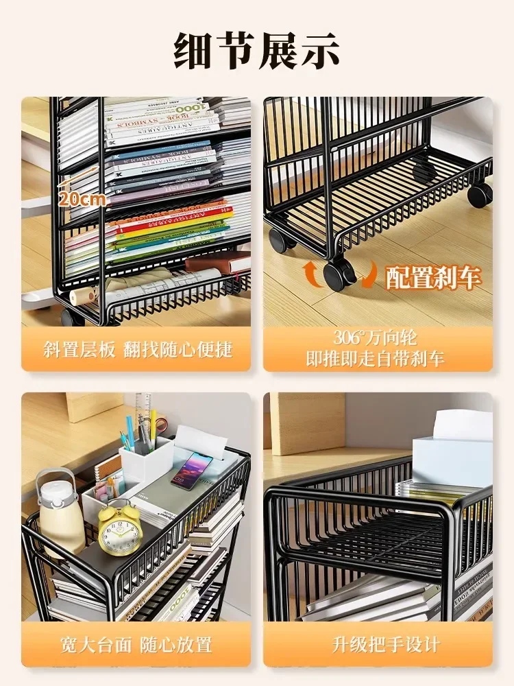 Bookshelf with wheels for storage at the study table