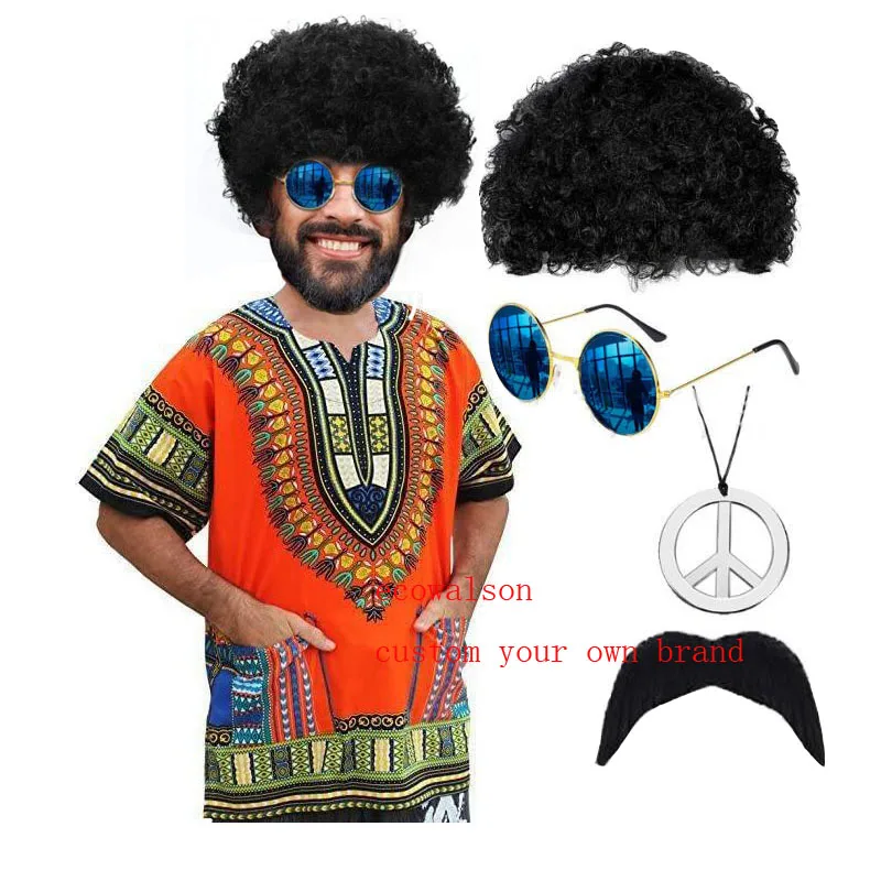 Ecowalson Hippie Costume Set 70s Men's Outfits Hippie Shirt Black  Wig Sunglasses Peace Sign Necklace  halloween costumes