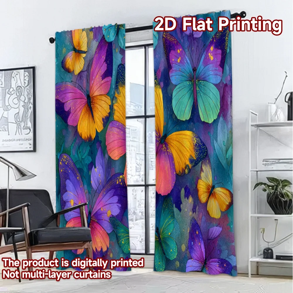 2D FLAT PRINTING 2pcs Curtains (Without Rod) Colorful Butterflies and Splashes Chic Curtain Chic Durable 100% Polyester Fabric